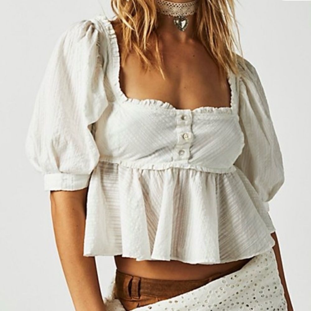 Free People Leave It To Me Babydoll Top Cotton in Ivory Square Neckline Size L